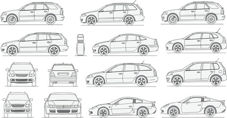 Detailed CAD drawing of various modern cars, flat vector illustration, side and front views, technical blueprint sketch, vehicle lineup concept, automotive design layout