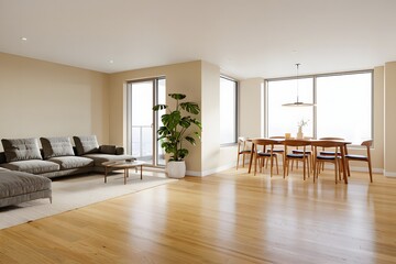 Fototapeta premium Modern open concept living and dining area with large windows and natural light