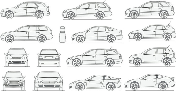 Detailed CAD drawing of various modern cars, flat vector illustration, side and front views, technical blueprint sketch, vehicle lineup concept, automotive design layout