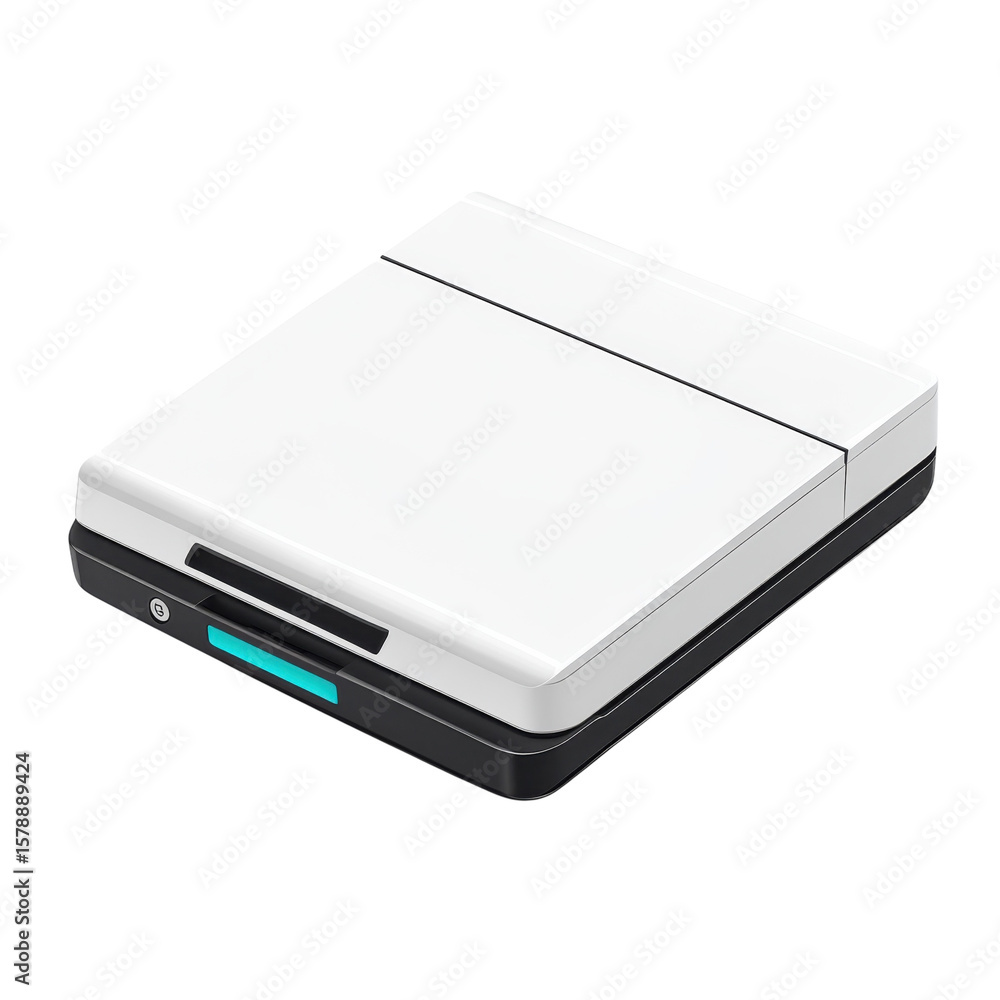 Poster white device with a black base a slot and a button technology and design on transparent background