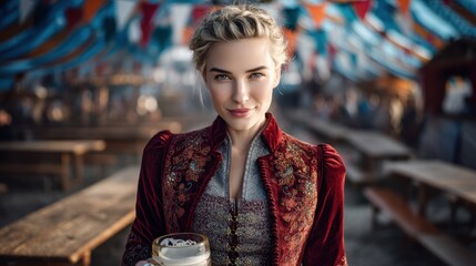 Elegant woman in red velvet dirndl costume