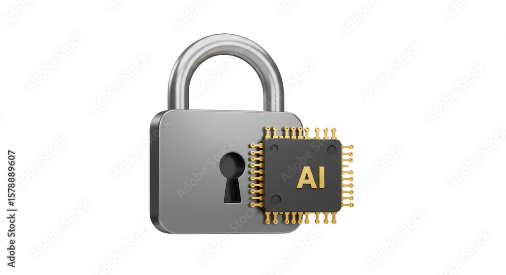Poster 3d rendering silver lock featuring ai chip security on transparent