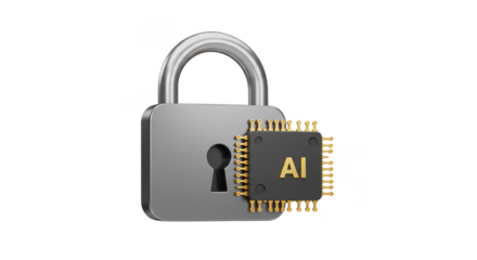 3D Rendering Silver Lock Featuring AI Chip Security on Transparent