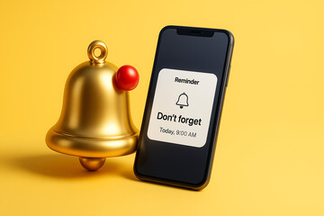 Notification message bell icon alert and alarm on yellow background with smartphone reminder. 3D rendering.