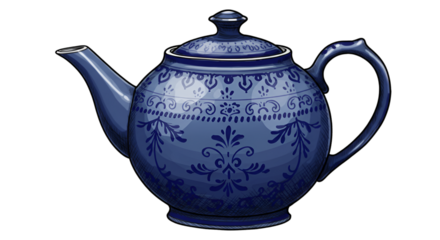 Blue Ornate Teapot Illustration Vintage Ceramic Design On Transparent