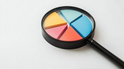 Magnifying glass over a colorful pie chart on white background.