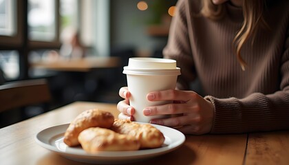 A person holding a disposable coffee cup while sitting at a table with a plate of pastries