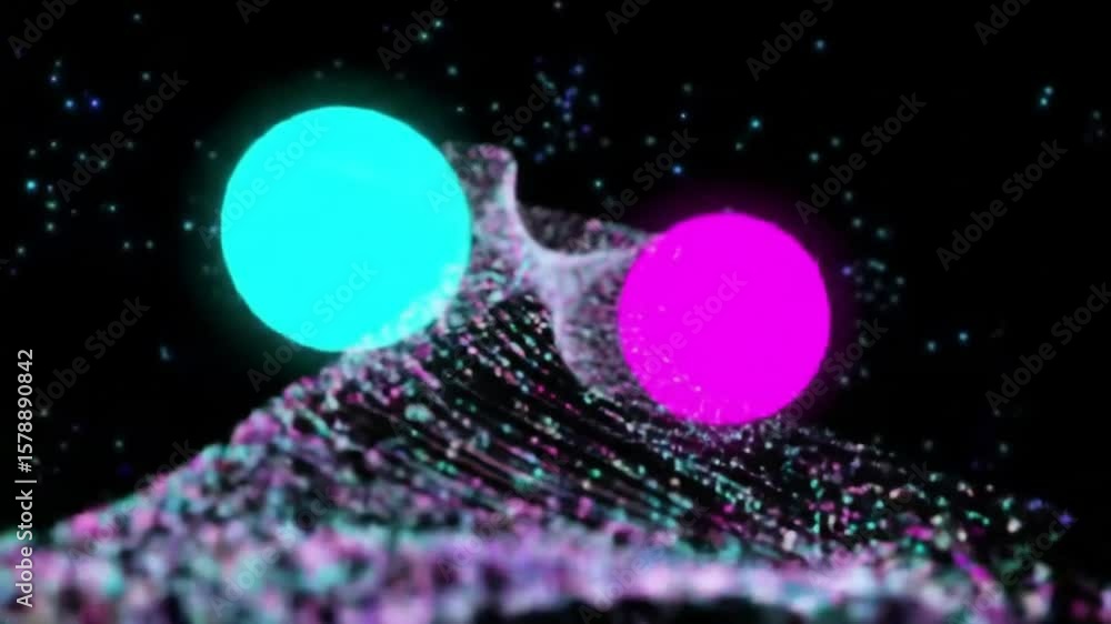 Poster abstract animation of cyan and magenta spheres interacting with particle streams on black backdrop c