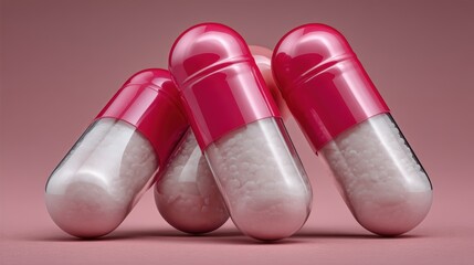 Three identical pharmaceutical capsules on white background