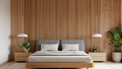 Modern bedroom interior with a slatted wood accent wall and comfortable bed