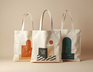 Three canvas tote bags mockup with minimalist design. Each bag features different graphic print on the front side, perfect for branding, eco-friendly shopping, retail, and product display.