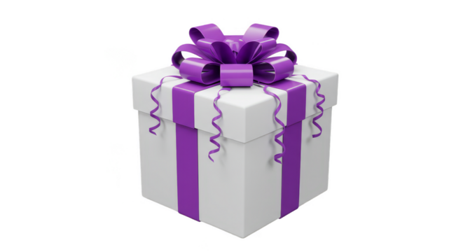 3D White Gift Box with Purple Ribbon Bow Transparent Background