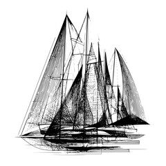 Illustration of several sailboats with tall masts and sails rendered in a sketchy black and white style
