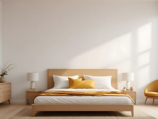 Modern bedroom with a wooden bed white linens and a yellow accent blanket and pillow