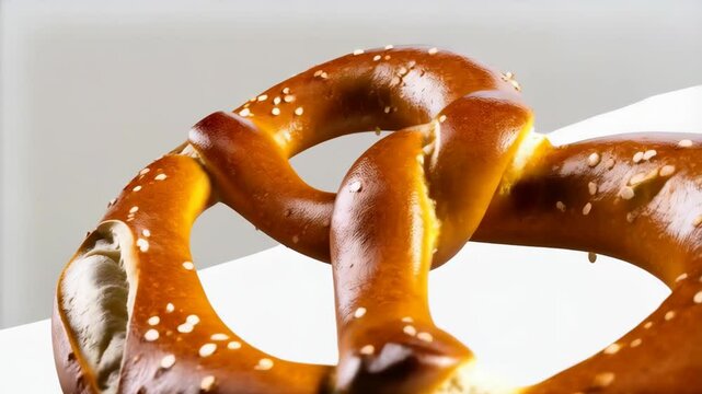 Close up view of a shiny browned pretzel with salt crystals sprinkled on top, on a clean white background, ready to eat.