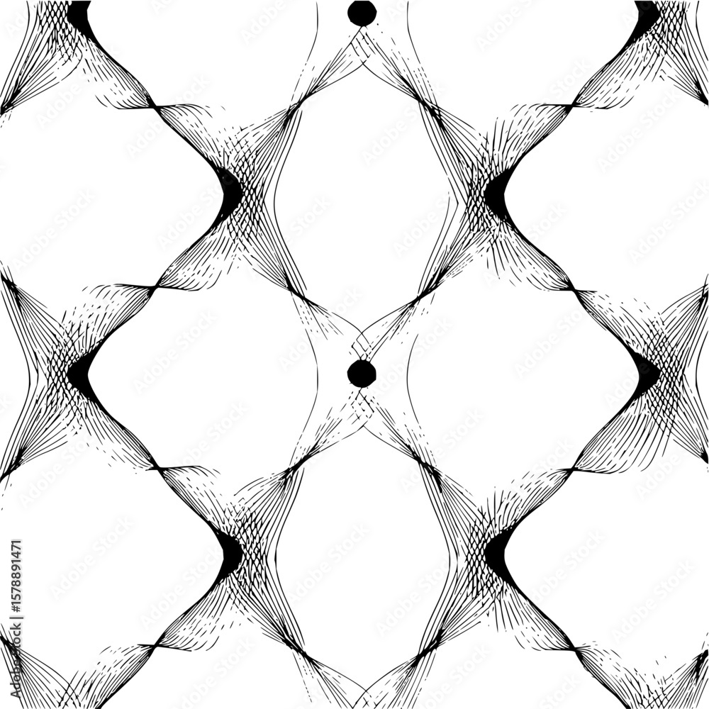 Poster abstract geometric pattern with curved lines forming diamond shapes and black circles at intersectio