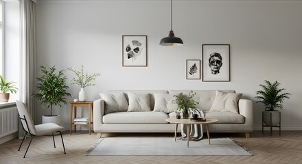 A bright, modern living room featuring a comfortable sofa, artwork, and plants, creating a cozy atmosphere.