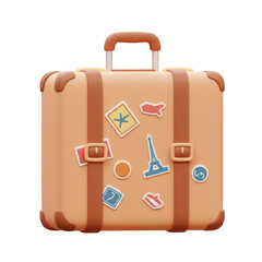 3D Suitcase Travel Baggage With Stickers Isolated Transparent Background