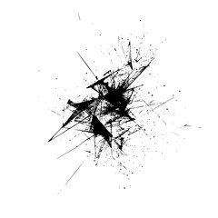 Abstract black ink splatter composition with sharp lines and scattered dots on a white background design