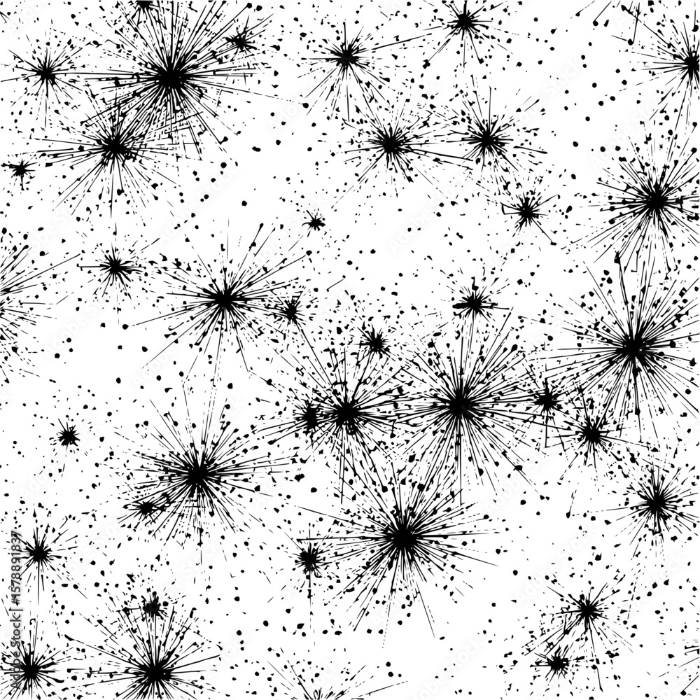 Poster dense pattern of black starbursts and dots scattered across a white background creating a chaotic ef