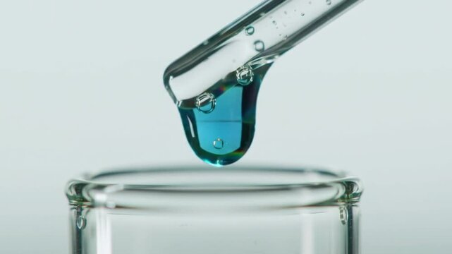 Close up of Pipette Dripping Blue Liquid into Empty Test Tube on White Background