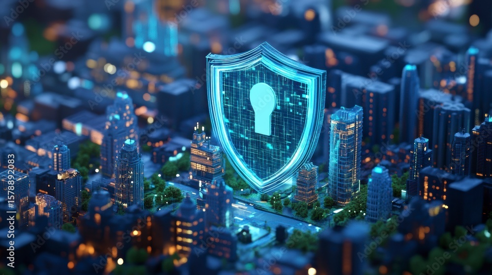 Poster futuristic city protected by a glowing digital shield with a keyhole, symbolizing cybersecurity and 