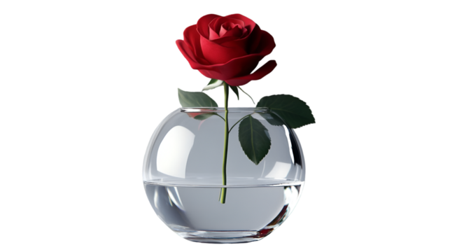 A single red rose in a clear glass vase with water on a transparent background in a studio setting