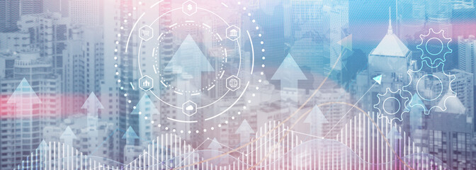 Business process automation concept. Gears and icons on abstract city background