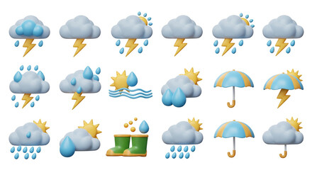 3D Weather Icon Set with Cloud Rain Storm Sun and Transparent Background
