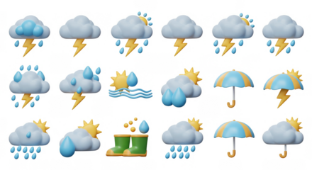 3D Weather Icon Set with Cloud Rain Storm Sun and Transparent Background