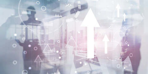 Obraz premium Business intelligence dashboard and arrows up, key performance indicators on a virtual screen computer interface