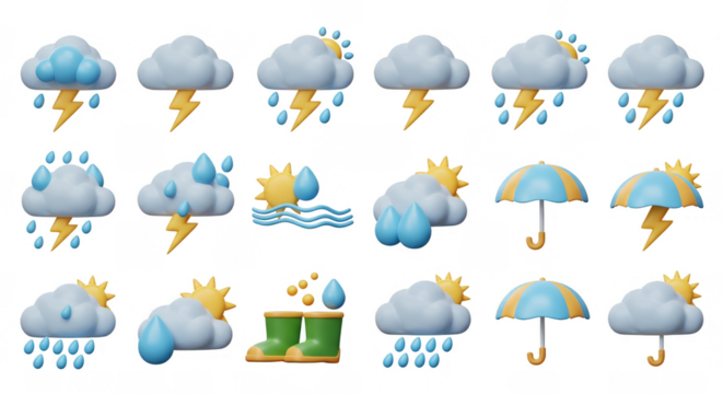 3D Weather Icon Set with Cloud Rain Storm Sun and Transparent Background