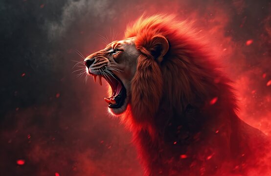 AI-generated illustration of roaring lion in red fire, smoke background. Ferocious wild animal, showing aggression, power, strength. Majestic predator with open mouth, sharp teeth, flame, fiery