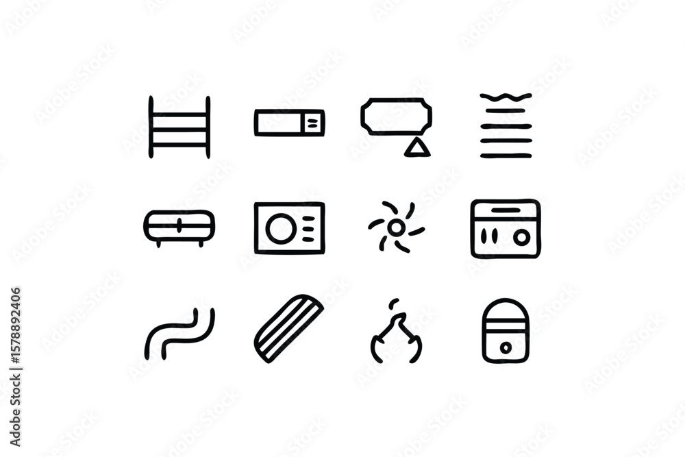 Poster doodle style icons representing various household objects and elements isolated on white