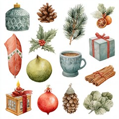 Christmas decoration set for winter holidays celebration, featuring variety of festive elements with watercolor texture