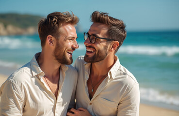 Happy gay couple smiling laughing on beach, sunny vacation. Two men, embracing enjoy summer, sea, sand. Portrait of joyful loving male partners on vacation. LGBTQ love, relationship concept.