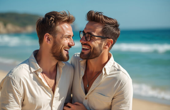 Happy gay couple smiling laughing on beach, sunny vacation. Two men, embracing enjoy summer, sea, sand. Portrait of joyful loving male partners on vacation. LGBTQ love, relationship concept.