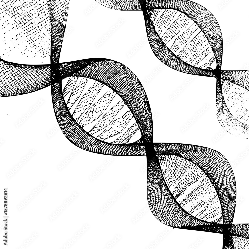 Poster interconnected ellipse chain pattern with textured fill and detailed line work in black and white st