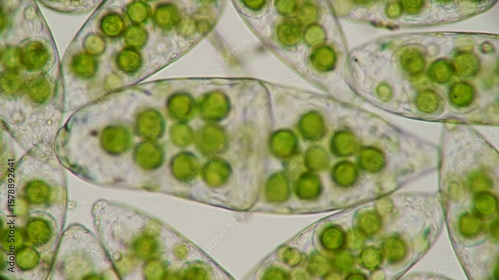 Poster detailed microscopic view of symmetrical green algae with transparent shells and round chloroplasts 
