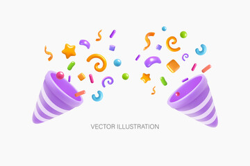 Two 3D party poppers with colorful exploding confetti