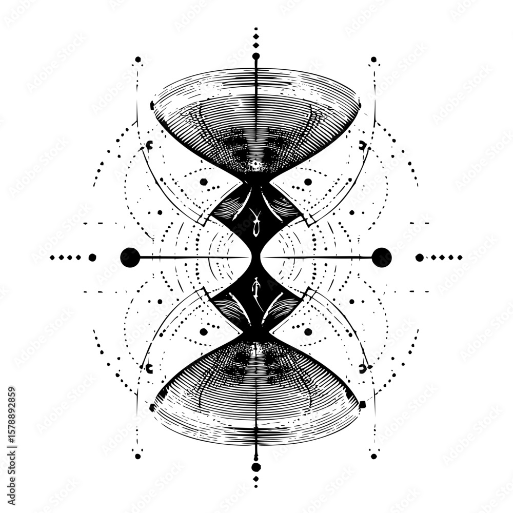 Poster abstract symmetrical hourglass shape with geometric patterns and decorative line art elements design