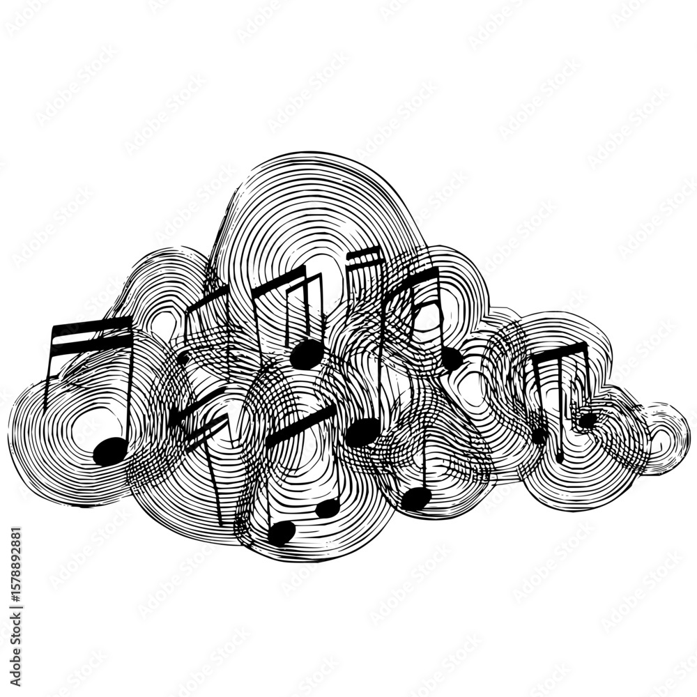 Poster abstract musical notes composition with circular line patterns in black and white design element art