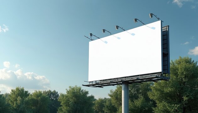 Blank billboard against blue sky with clouds. White empty ad space for advertisement, branding or marketing message. Outdoor advertising display located in park with green trees, nature in background.