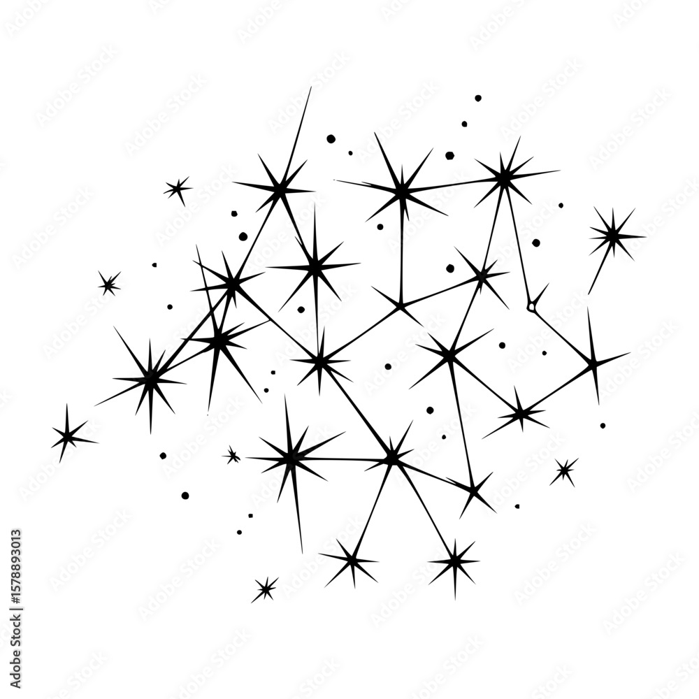 Poster a cluster of stylized black stars connected by lines with scattered dots on a white background desig