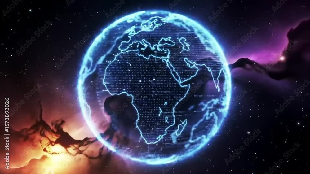 Poster digital earth globe with blue network against dramatic nebula background displaying global technolog