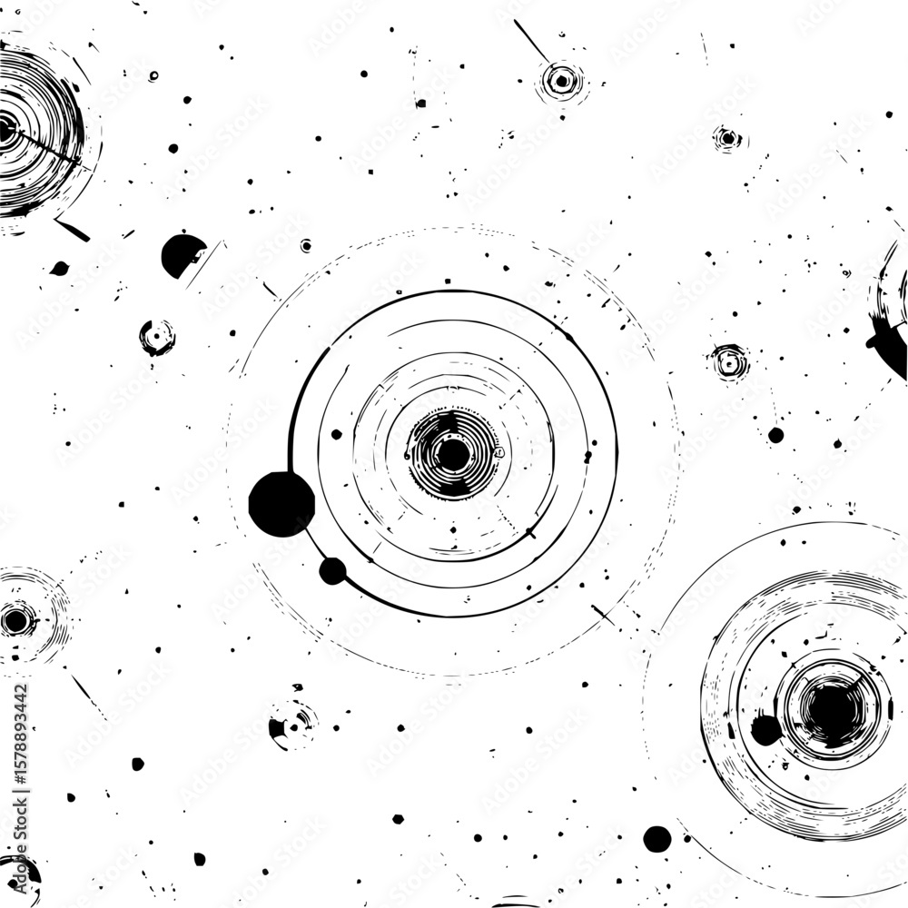 Poster abstract black and white image featuring concentric circles and scattered dots creating a complex pa