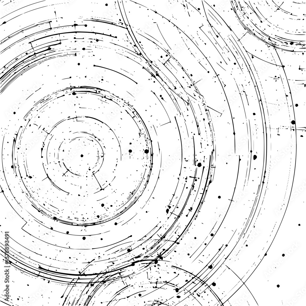 Poster abstract black and white concentric circles with grunge texture and scattered dot patterns design el