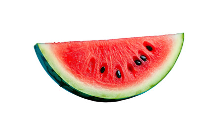 A single slice of watermelon with transparent seeds and vibrant red flesh on a transparent background view