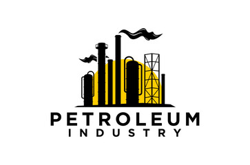 Silhouette of an oil refinery at sunset. Petroleum industry logo, flare pipes and chimneys element.