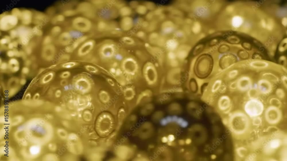 Poster golden spheres with intricate circular pattern illuminated on a dark background